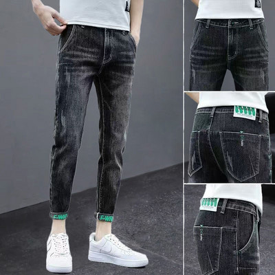 Meeste teksapüksid pahkluuni ulatuvad teksad Kvaliteetsed suvised venivad puuvillased augud õhukesed tänavarõivad disain Korea vabaaja püksid