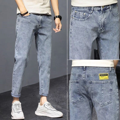 Meeste teksapüksid pahkluuni ulatuvad teksad Kvaliteetsed suvised venivad puuvillased augud õhukesed tänavarõivad disain Korea vabaaja püksid