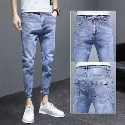 Meeste teksapüksid pahkluuni ulatuvad teksad Kvaliteetsed suvised venivad puuvillased augud õhukesed tänavarõivad disain Korea vabaaja püksid