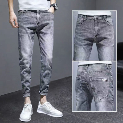 Meeste teksapüksid pahkluuni ulatuvad teksad Kvaliteetsed suvised venivad puuvillased augud õhukesed tänavarõivad disain Korea vabaaja püksid