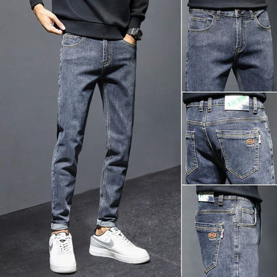 Meeste teksapüksid pahkluuni ulatuvad teksad Kvaliteetsed suvised venivad puuvillased augud õhukesed tänavarõivad disain Korea vabaaja püksid