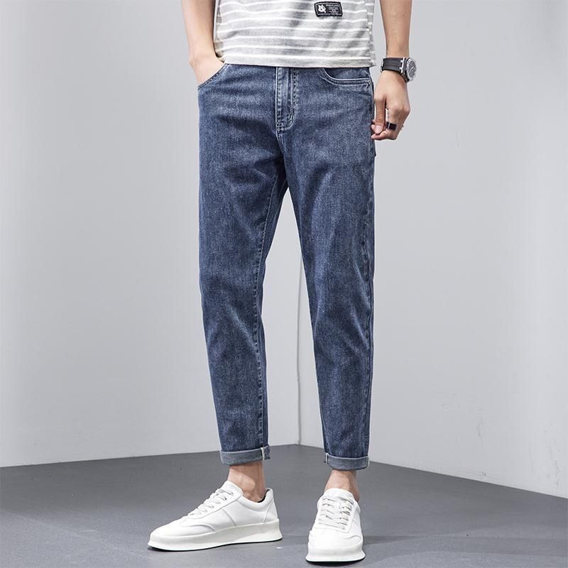 Meeste teksapüksid pahkluuni ulatuvad teksad Kvaliteetsed suvised venivad puuvillased augud õhukesed tänavarõivad disain Korea vabaaja püksid