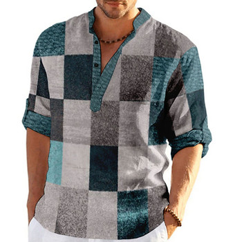 3D карирана тениска с дълъг ръкав с дълъг ръкав за мъже Пролет Есен Ежедневни мъжки щампи с яка Ежедневно облекло Тениски
