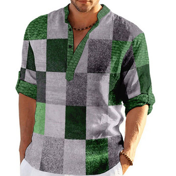 3D карирана тениска с дълъг ръкав с дълъг ръкав за мъже Пролет Есен Ежедневни мъжки щампи с яка Ежедневно облекло Тениски