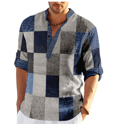 3D karirane grafičke majice dugih rukava za muškarce Proljeće Jesen Ležerna muška samostojeća kragna Dnevna odjeća Majice