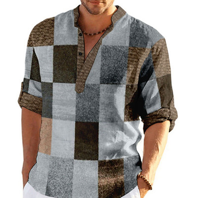 3D karirane grafičke majice dugih rukava za muškarce Proljeće Jesen Ležerna muška samostojeća kragna Dnevna odjeća Majice