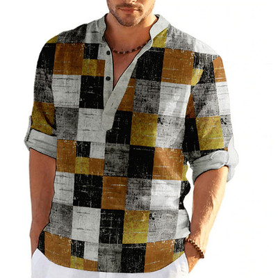 3D karirane grafičke majice dugih rukava za muškarce Proljeće Jesen Ležerna muška samostojeća kragna Dnevna odjeća Majice