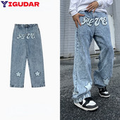 Ανδρικά τζιν Streetwear Vintage τζιν μονόχρωμα τζιν με κορδόνια με ίσιο πόδι Ανδρικά φαρδιά φαρδιά τζιν Κορεάτικα ανδρικά ρούχα