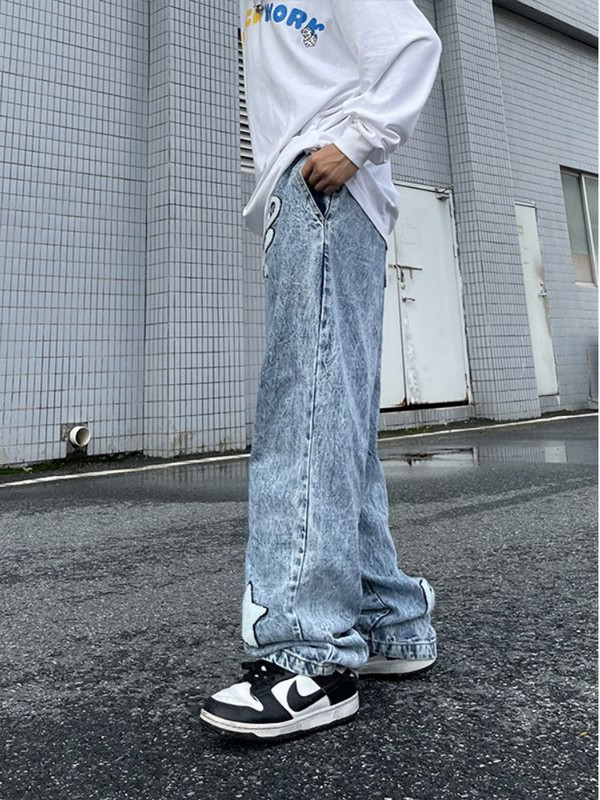 Ανδρικά τζιν Streetwear Vintage τζιν μονόχρωμα τζιν με κορδόνια με ίσιο πόδι Ανδρικά φαρδιά φαρδιά τζιν Κορεάτικα ανδρικά ρούχα