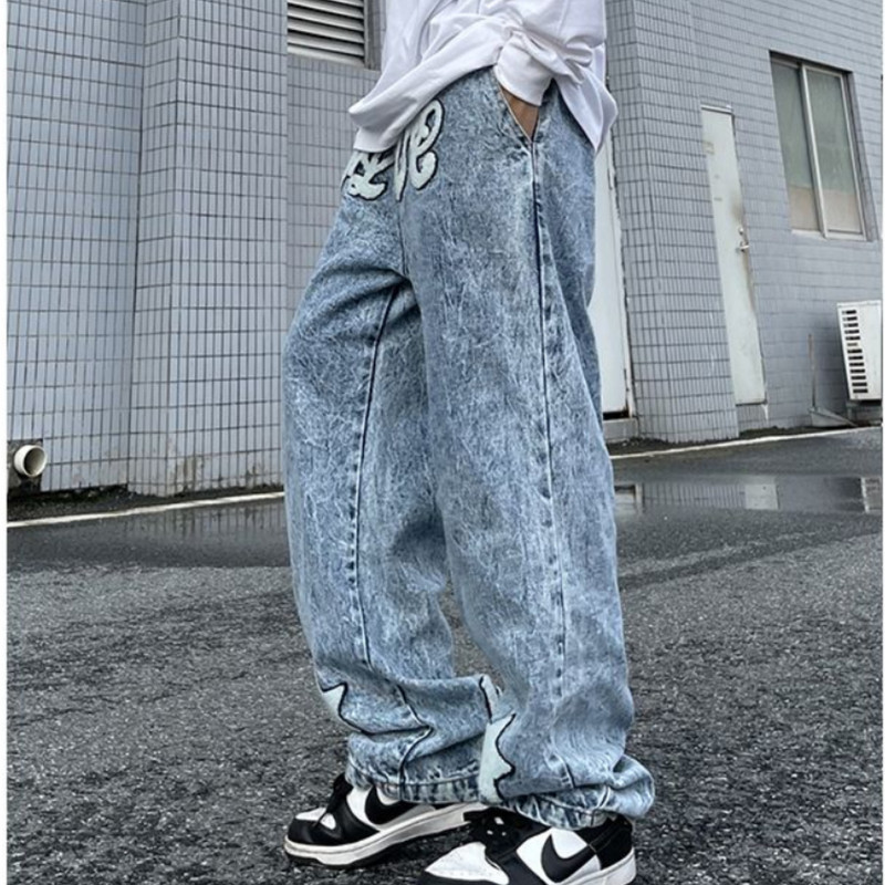 Ανδρικά τζιν Streetwear Vintage τζιν μονόχρωμα τζιν με κορδόνια με ίσιο πόδι Ανδρικά φαρδιά φαρδιά τζιν Κορεάτικα ανδρικά ρούχα