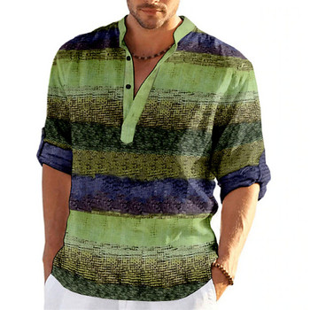 3D раирани графични щампи Мъжки тениски с дълъг ръкав Горнища със стойка яка Пролет Есен Ежедневни мъжки дрехи Тениски