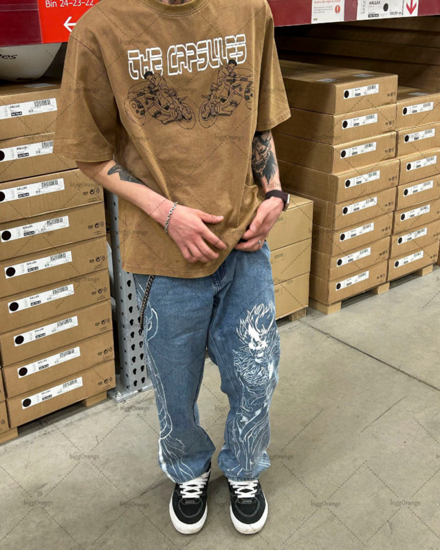 Američki ulični hip-hop traperice visokog struka s printom prevelike veličine muške Y2K modne ležerne labave široke hlače ženski stil