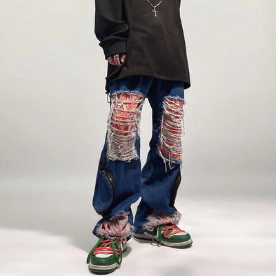 Vintažinės amerikietiškos aukštosios gatvės hip hop ins laisvi plius dydžio suplėšyti džinsai gotikinės tiesios kelnės hipster hipster y2k