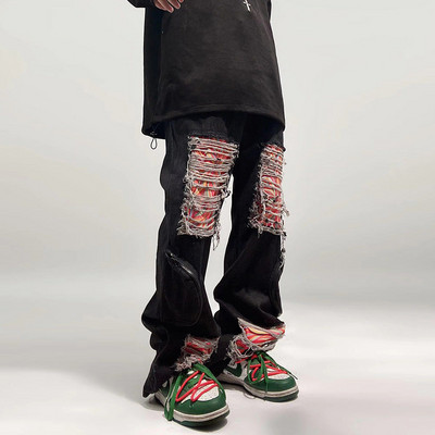 Vintažinės amerikietiškos aukštosios gatvės hip hop ins laisvi plius dydžio suplėšyti džinsai gotikinės tiesios kelnės hipster hipster y2k