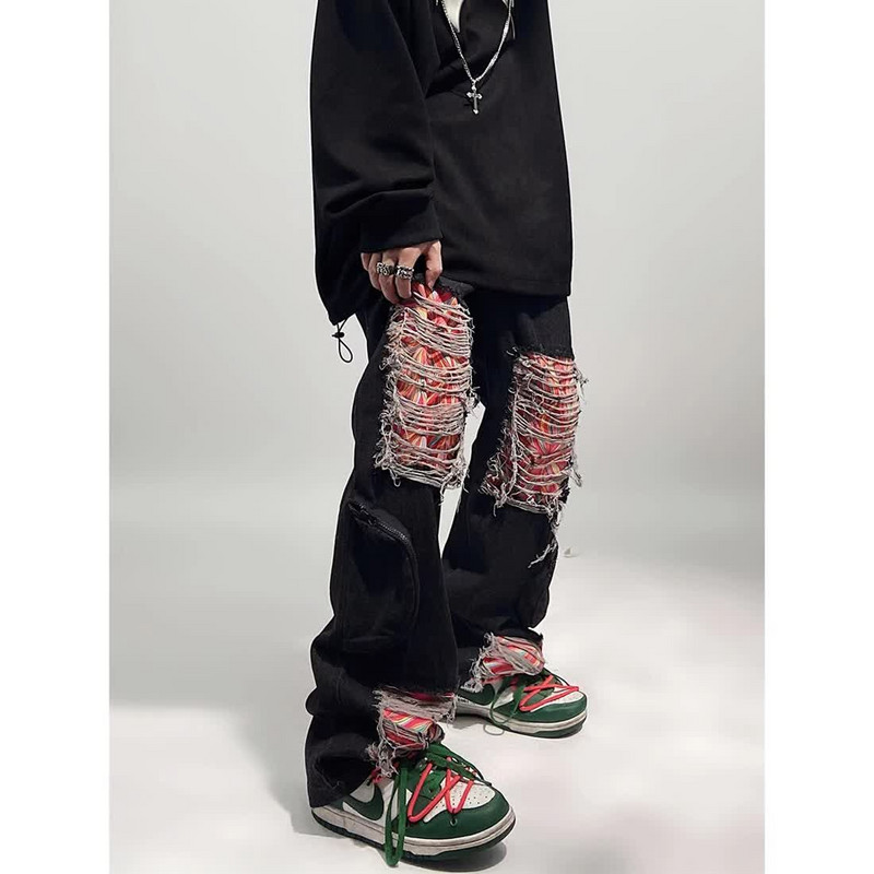 Vintažinės amerikietiškos aukštosios gatvės hip hop ins laisvi plius dydžio suplėšyti džinsai gotikinės tiesios kelnės hipster hipster y2k