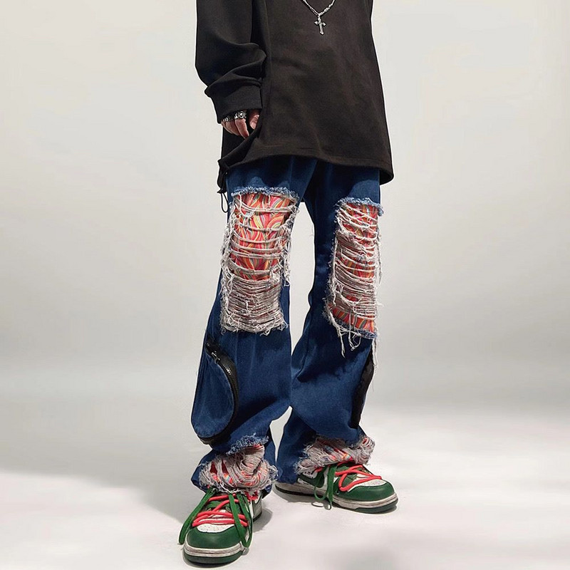 Vintažinės amerikietiškos aukštosios gatvės hip hop ins laisvi plius dydžio suplėšyti džinsai gotikinės tiesios kelnės hipster hipster y2k