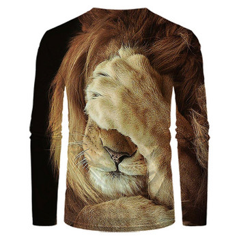 Ежедневни тениски с 3D лъв с животински графичен принт с дълъг ръкав Ежедневни класически кръгли яки Есенни тениски Облекло Големи горнища