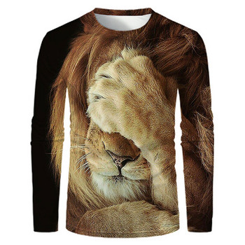 Ежедневни тениски с 3D лъв с животински графичен принт с дълъг ръкав Ежедневни класически кръгли яки Есенни тениски Облекло Големи горнища