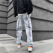 2022. Europski muški traperice Neutralne traper hlače širokih nogavica Široke ravne traperice s printom slova Vrećaste muške traperice Ležerne široke hip hop hlače