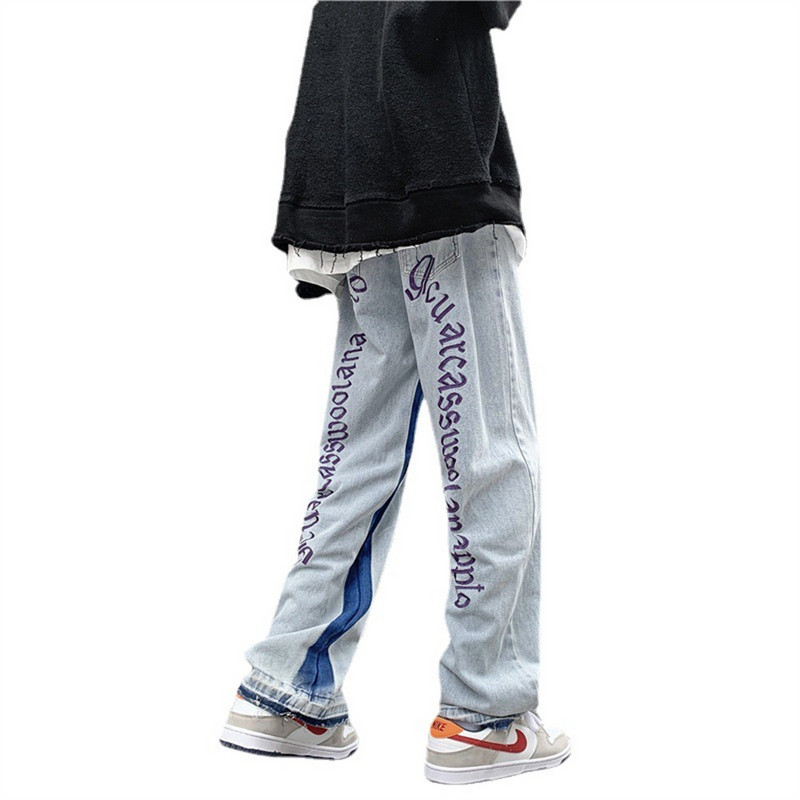 2022. Europski muški traperice Neutralne traper hlače širokih nogavica Široke ravne traperice s printom slova Vrećaste muške traperice Ležerne široke hip hop hlače