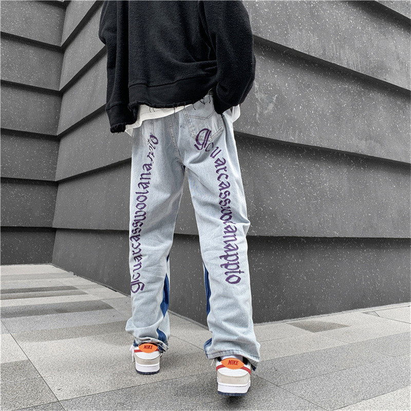 2022. Europski muški traperice Neutralne traper hlače širokih nogavica Široke ravne traperice s printom slova Vrećaste muške traperice Ležerne široke hip hop hlače