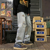 Struk Indijski orah Print Letter Pactchwork Poderane traperice Hlače Muška ulična odjeća Ravne isprane retro muške traperice Ležerne traper hlače