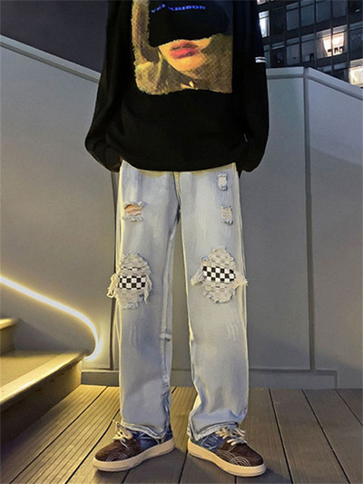 Struk Indijski orah Print Letter Pactchwork Poderane traperice Hlače Muška ulična odjeća Ravne isprane retro muške traperice Ležerne traper hlače