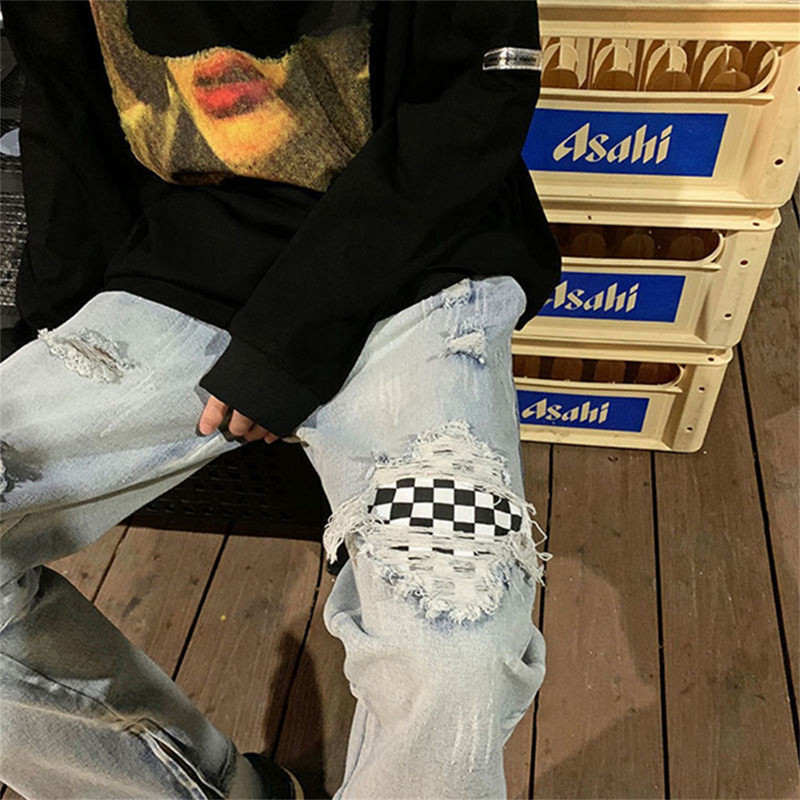 Struk Indijski orah Print Letter Pactchwork Poderane traperice Hlače Muška ulična odjeća Ravne isprane retro muške traperice Ležerne traper hlače