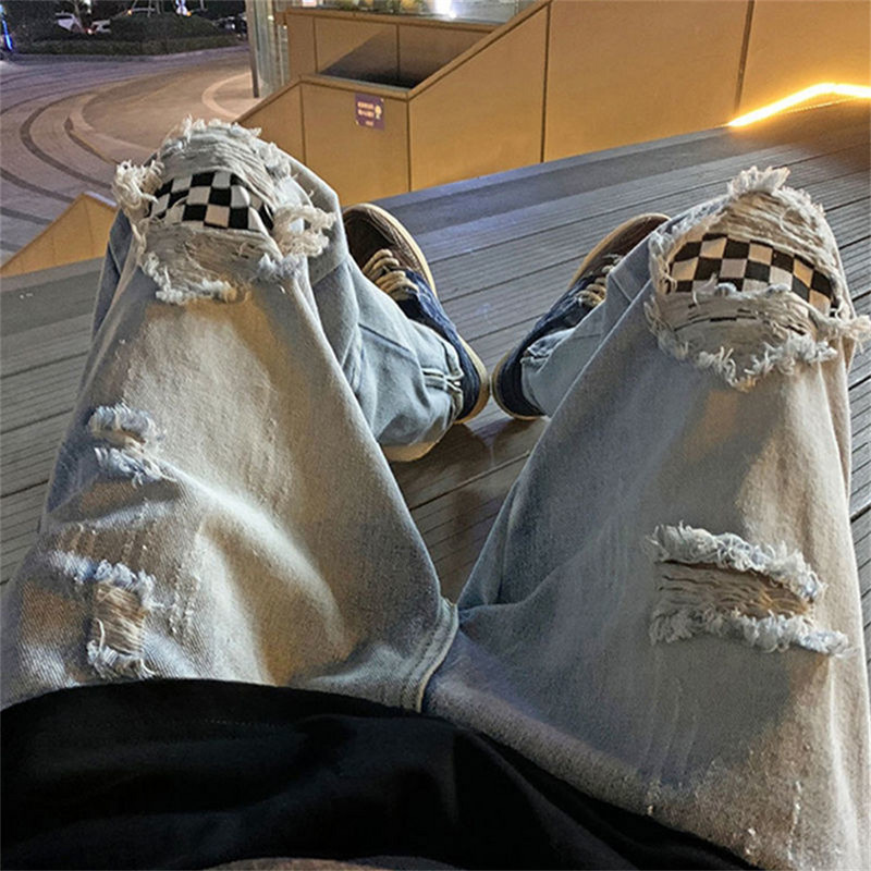 Struk Indijski orah Print Letter Pactchwork Poderane traperice Hlače Muška ulična odjeća Ravne isprane retro muške traperice Ležerne traper hlače