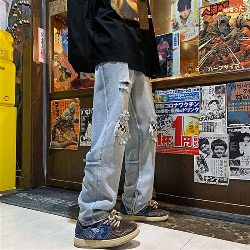 Struk Indijski orah Print Letter Pactchwork Poderane traperice Hlače Muška ulična odjeća Ravne isprane retro muške traperice Ležerne traper hlače