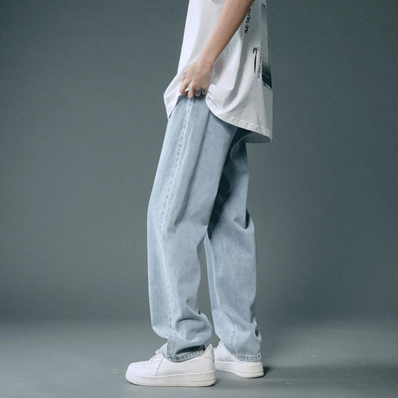Nove jesenske muške traper hlače širokih nogavica u korejskom stilu, ravne svijetloplave široke traperice, studentske hlače s elastičnim strukom, muške crno sive
