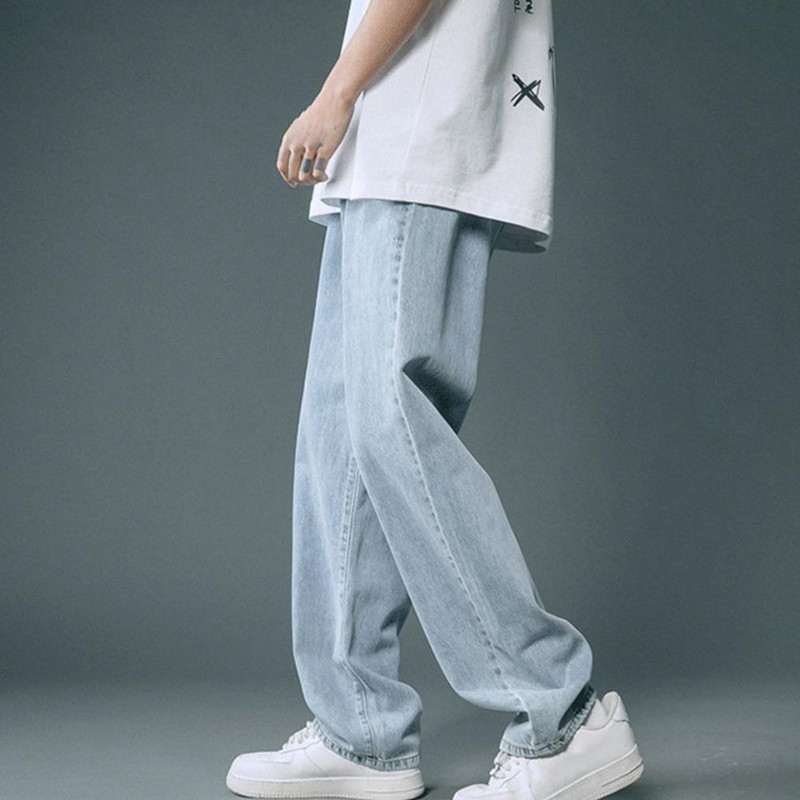 Nove jesenske muške traper hlače širokih nogavica u korejskom stilu, ravne svijetloplave široke traperice, studentske hlače s elastičnim strukom, muške crno sive