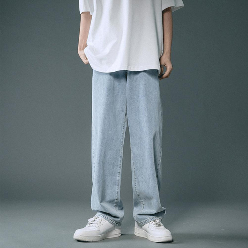 Nove jesenske muške traper hlače širokih nogavica u korejskom stilu, ravne svijetloplave široke traperice, studentske hlače s elastičnim strukom, muške crno sive