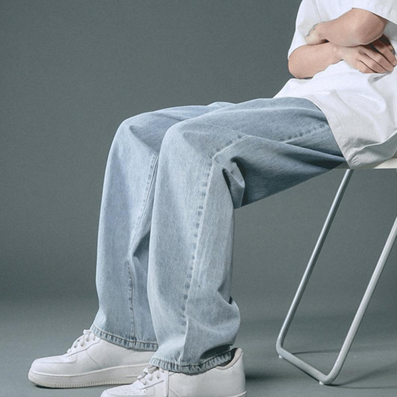 Nove jesenske muške traper hlače širokih nogavica u korejskom stilu, ravne svijetloplave široke traperice, studentske hlače s elastičnim strukom, muške crno sive