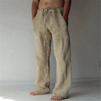 Casual ανδρικό βαμβακερό λινό παντελόνι μόδας Μασίφ με κορδόνι τσέπη Φαρδύ παντελόνι Comfort Φαρδύ παντελόνι με φαρδύ πόδι Streetwear παντελόνι