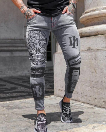 Мъжки секси тесни еластични дънки Висококачествени стрийт модни щампи Wash Grey Denim моливи панталони Causal Jogging Мъжки панталони