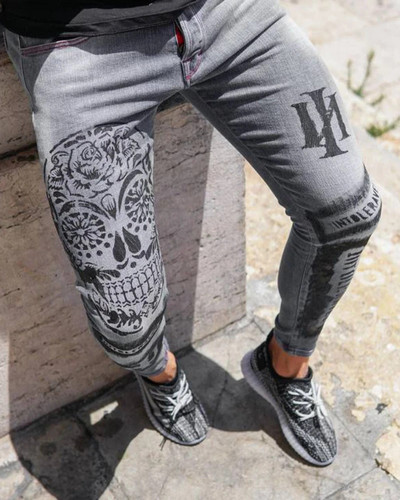 Мъжки секси тесни еластични дънки Висококачествени стрийт модни щампи Wash Grey Denim моливи панталони Causal Jogging Мъжки панталони