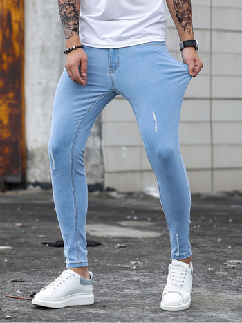 2023 Нови мъжки еластични тесни дънки Мъжки дизайнерски еластични дънкови панталони с молив с драскотини Дънки Streetwear Небесно сини модни дънки