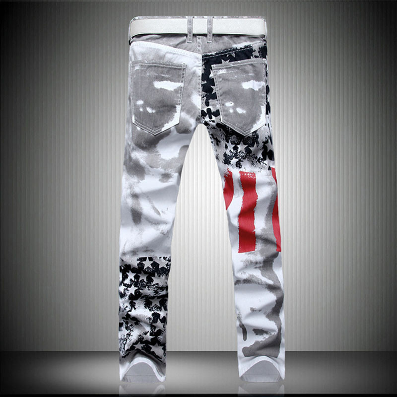 Meeste valged Euroopa ja Ameerika trükitud teksapüksid, suures suuruses distressed Slim Fit vabaaja sirged teksapüksid, meeste püksid