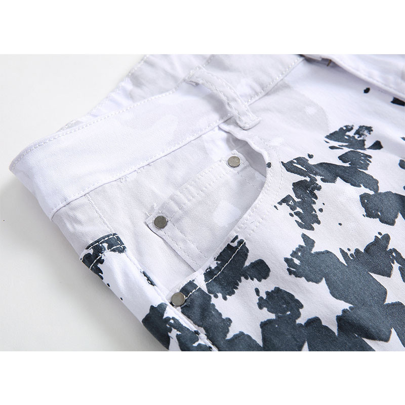 Meeste valged Euroopa ja Ameerika trükitud teksapüksid, suures suuruses distressed Slim Fit vabaaja sirged teksapüksid, meeste püksid