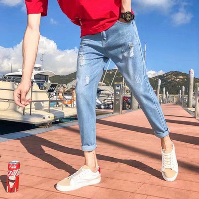 Retro poderane muške traperice s rupama, sužene uske hlače, korejske modne poderane razbijene luksuzne, mekane široke Xs muške kaubojske hlače