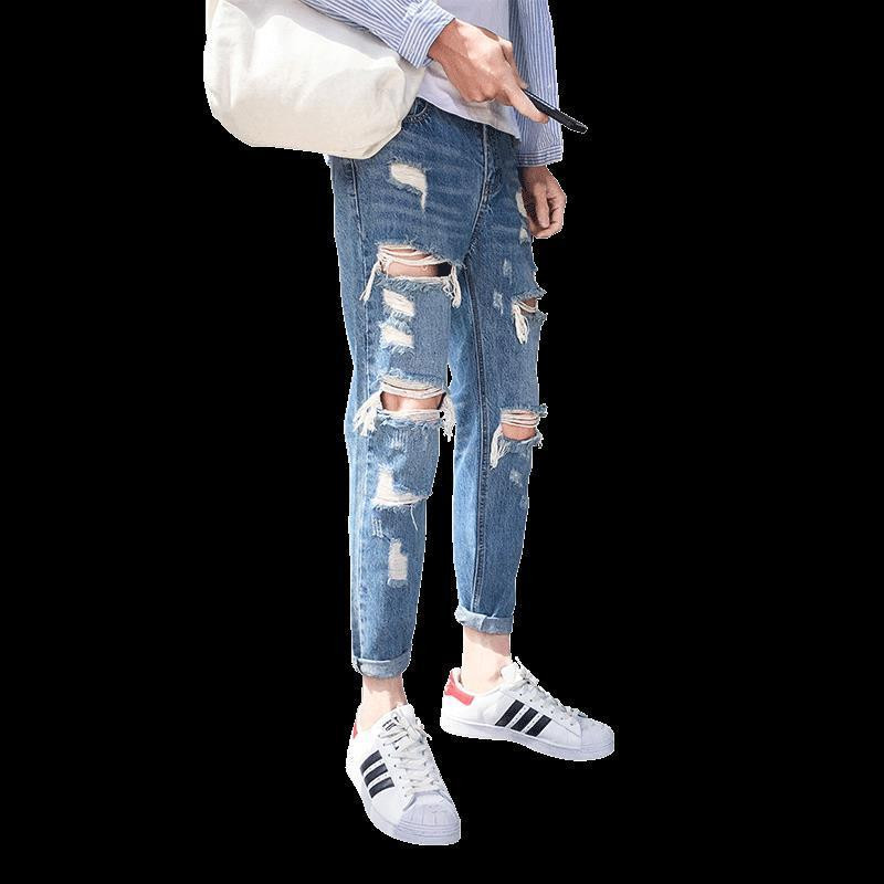 Retro poderane muške traperice s rupama, sužene uske hlače, korejske modne poderane razbijene luksuzne, mekane široke Xs muške kaubojske hlače
