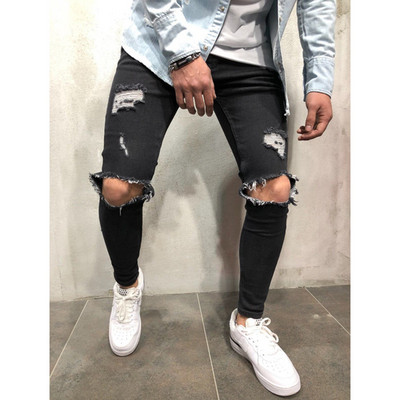 Ανδρικά τζιν Streetwear Knee Ripped Skinny Hip Hop Fashion Παντελόνι Estroyed Hole Μονόχρωμο Ανδρικό Stretch Casual Denim Μεγάλο παντελόνι