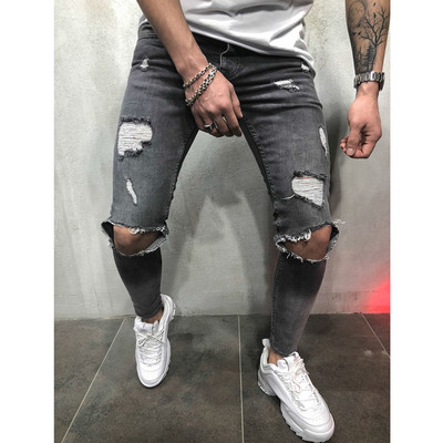 Ανδρικά τζιν Streetwear Knee Ripped Skinny Hip Hop Fashion Παντελόνι Estroyed Hole Μονόχρωμο Ανδρικό Stretch Casual Denim Μεγάλο παντελόνι