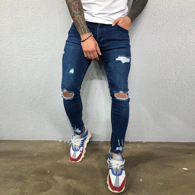 Ανδρικά τζιν Streetwear Knee Ripped Skinny Hip Hop Fashion Παντελόνι Estroyed Hole Μονόχρωμο Ανδρικό Stretch Casual Denim Μεγάλο παντελόνι