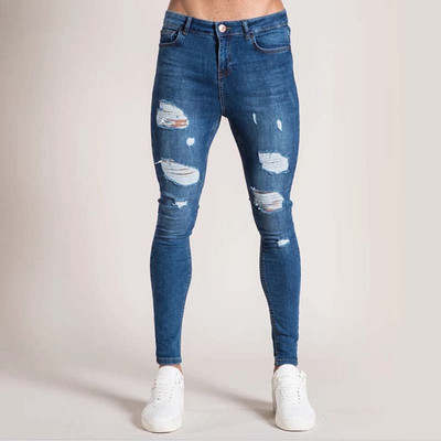 Ανδρικά τζιν Streetwear Knee Ripped Skinny Hip Hop Fashion Παντελόνι Estroyed Hole Μονόχρωμο Ανδρικό Stretch Casual Denim Μεγάλο παντελόνι