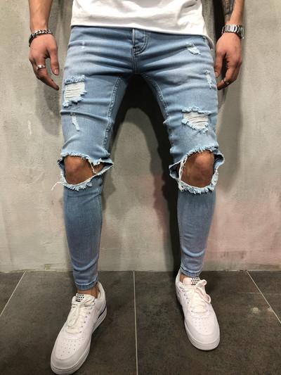Ανδρικά τζιν Streetwear Knee Ripped Skinny Hip Hop Fashion Παντελόνι Estroyed Hole Μονόχρωμο Ανδρικό Stretch Casual Denim Μεγάλο παντελόνι