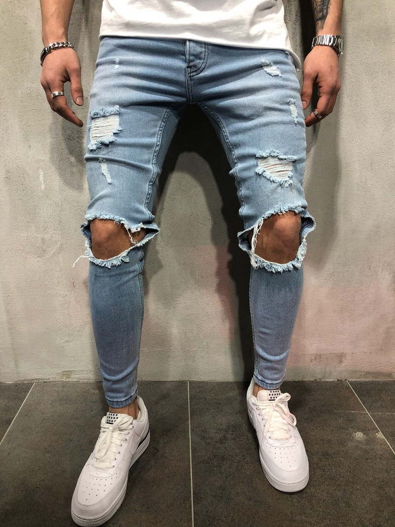 Ανδρικά τζιν Streetwear Knee Ripped Skinny Hip Hop Fashion Παντελόνι Estroyed Hole Μονόχρωμο Ανδρικό Stretch Casual Denim Μεγάλο παντελόνι