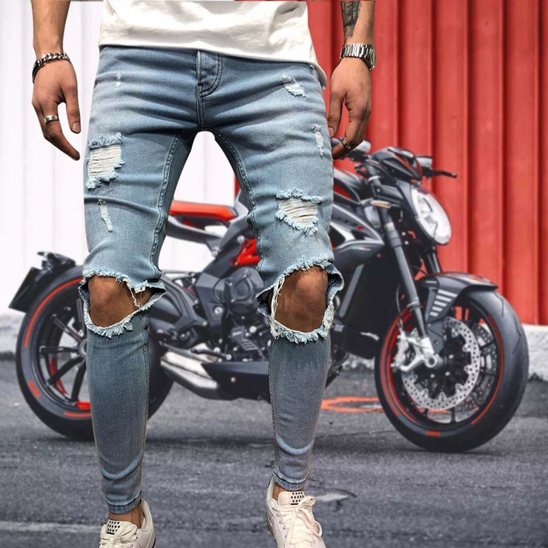 Ανδρικά τζιν Streetwear Knee Ripped Skinny Hip Hop Fashion Παντελόνι Estroyed Hole Μονόχρωμο Ανδρικό Stretch Casual Denim Μεγάλο παντελόνι