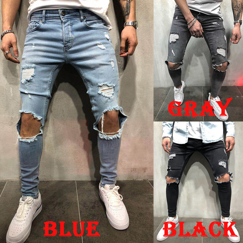 Ανδρικά τζιν Streetwear Knee Ripped Skinny Hip Hop Fashion Παντελόνι Estroyed Hole Μονόχρωμο Ανδρικό Stretch Casual Denim Μεγάλο παντελόνι